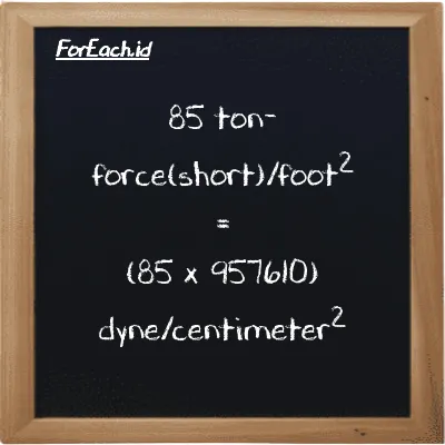 Cara konversi ton-force(short)/kaki<sup>2</sup> ke dyne/centimeter<sup>2</sup> (tf/ft<sup>2</sup> ke dyn/cm<sup>2</sup>): 85 ton-force(short)/kaki<sup>2</sup> (tf/ft<sup>2</sup>) setara dengan 85 dikalikan dengan 957610 dyne/centimeter<sup>2</sup> (dyn/cm<sup>2</sup>)